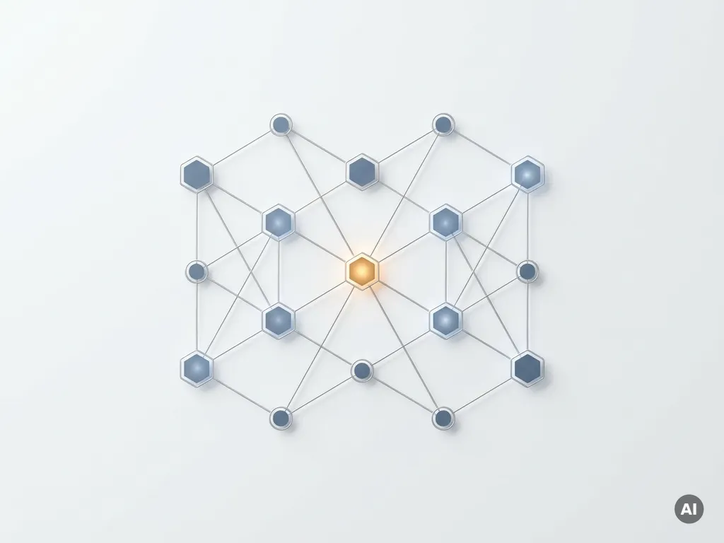 Geometrisches Netzwerk aus silbernen Verbindungslinien mit leuchtendem Bernstein-Knoten und schieferblauen Knotenpunkten auf weißem Hintergrund.