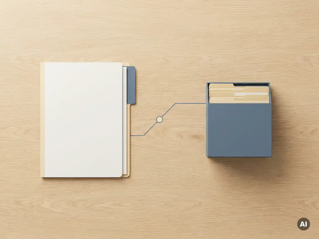 Onboarding-Mappe und Karteikartenbox auf hellem Eichenholzschreibtisch, minimalistisches Flat-Design in Weiß und Schieferblau.