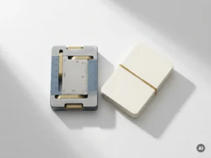 Metallisches Kalibrierungswerkzeug neben gestapelten Datenkarten auf weißer Fläche, flache Draufsicht in Schiefer- und Goldtönen.