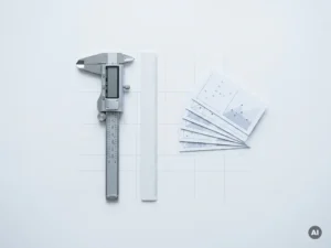 Messschieber auf weißer Fläche neben gestapelten Datenkarten, geometrisches Raster, Draufsicht, minimalistisches Design in Blau und Silber.