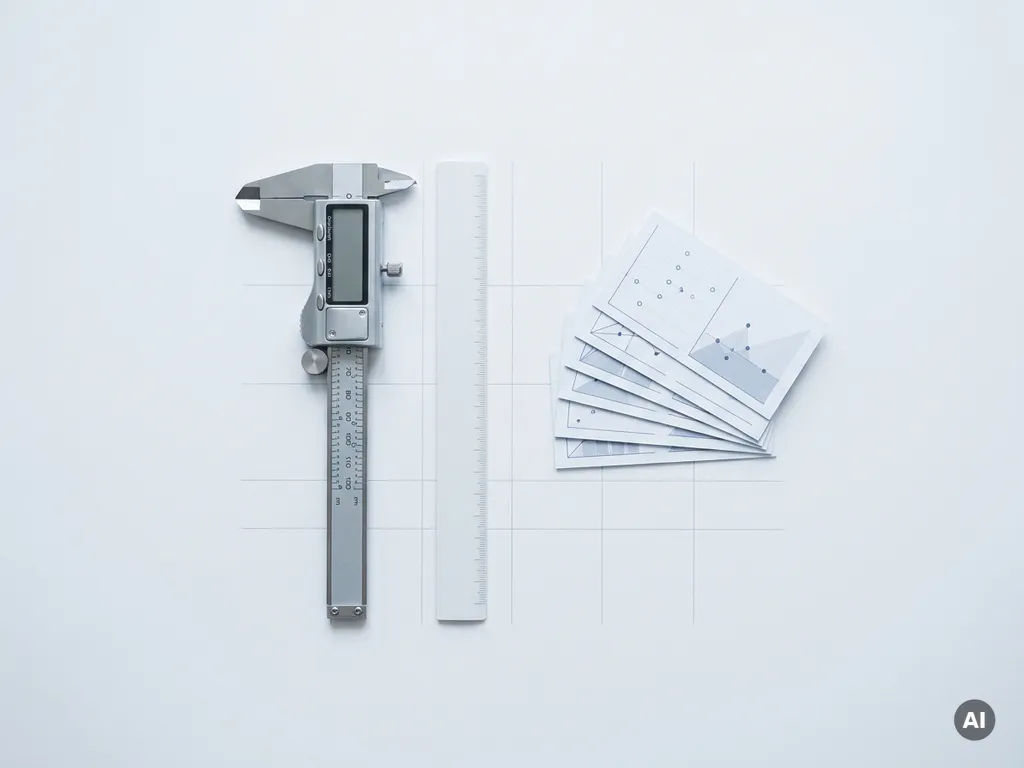 Messschieber auf weißer Fläche neben gestapelten Datenkarten, geometrisches Raster, Draufsicht, minimalistisches Design in Blau und Silber.