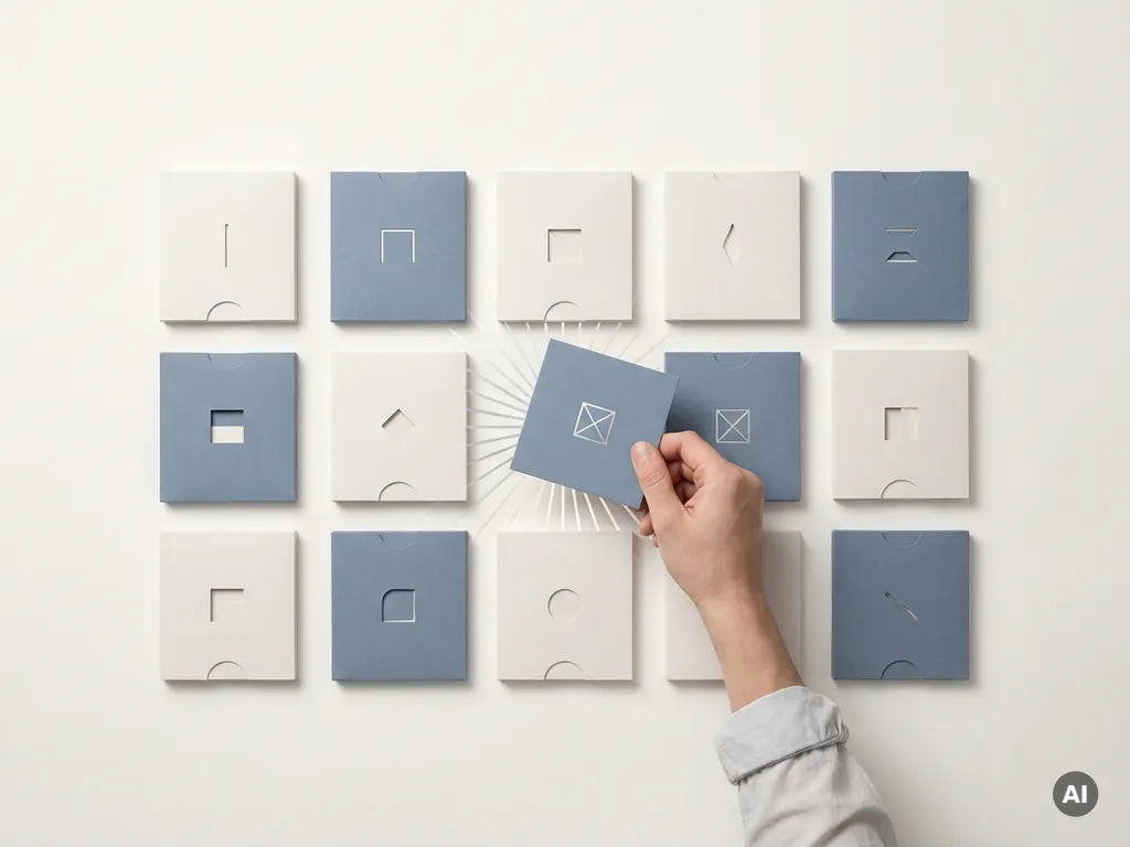Hand platziert eine minimalistische Produktkarte präzise in ein geordnetes Raster auf weißer Fläche, geometrische Linien, Draufsicht.