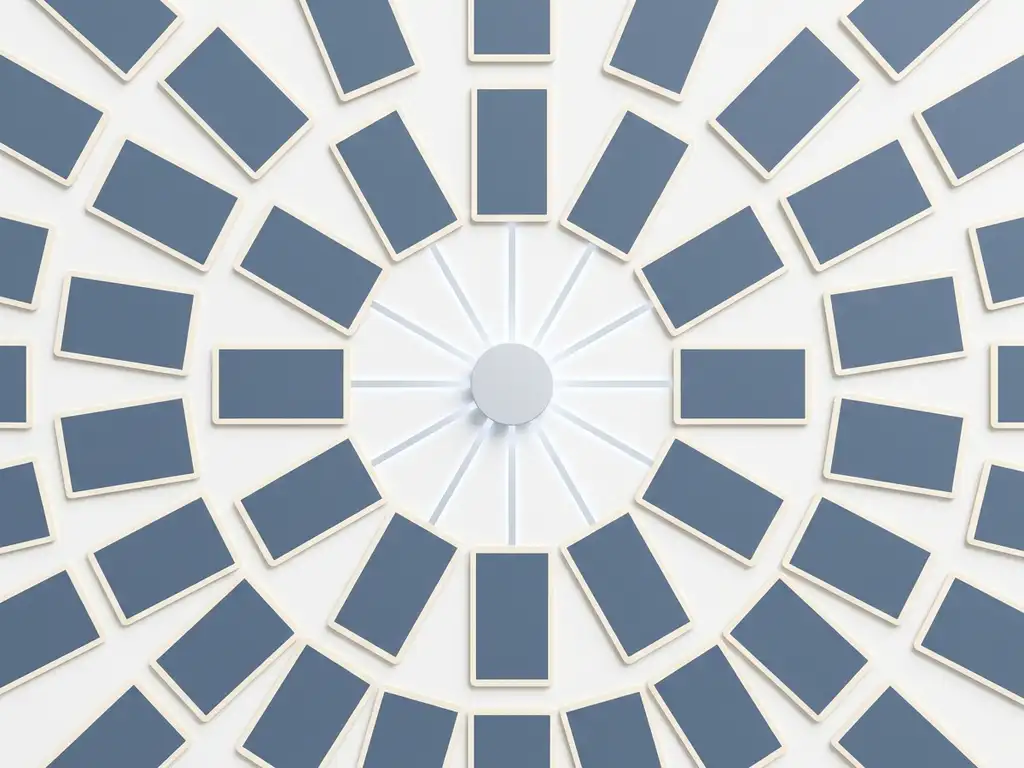 Produktkarten in gleichmäßigem Raster, die von einem zentralen Punkt ausstrahlen, auf weißer Fläche in Schieferblau und Silber.