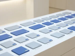 Geometrische Produktkarten in elektrischem Blau und Grau sortieren sich in beschriftete Raster auf weißer Oberfläche.
