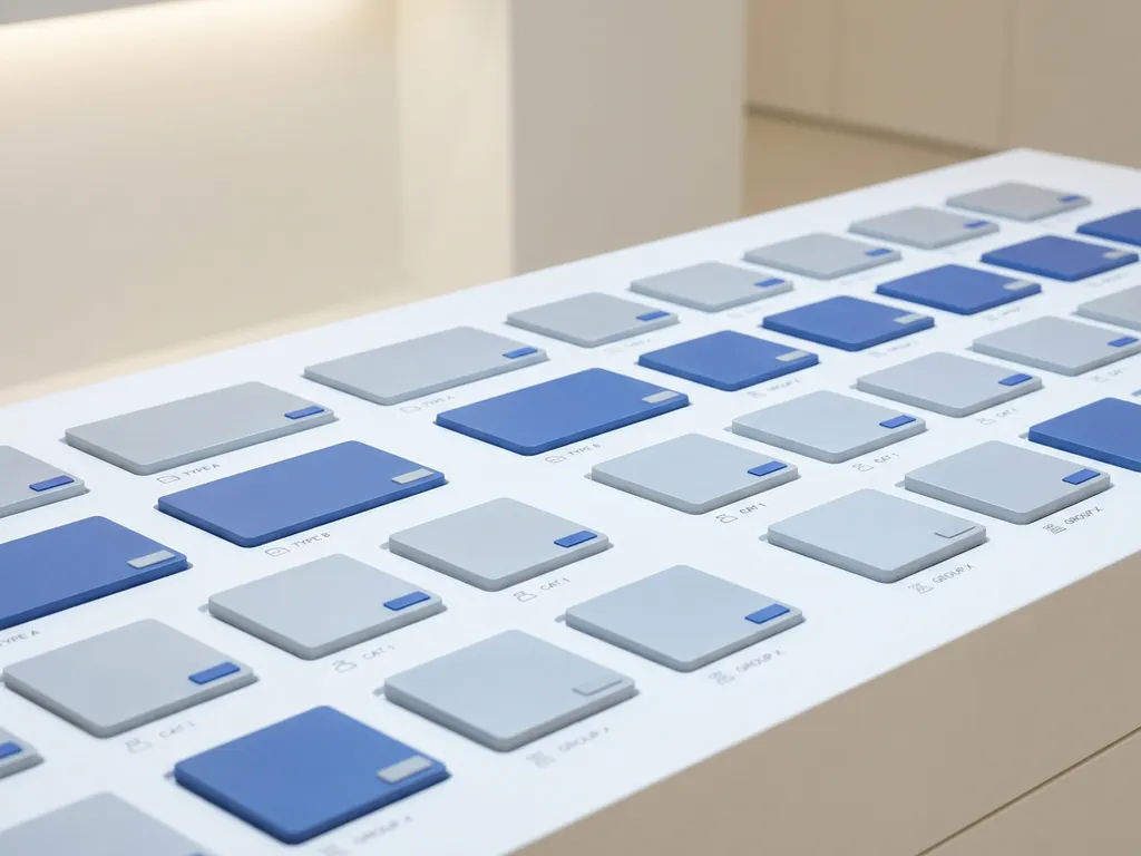 Geometrische Produktkarten in elektrischem Blau und Grau sortieren sich in beschriftete Raster auf weißer Oberfläche.