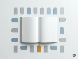 Aufgeschlagener Produktkatalog auf weißer Fläche, umgeben von geometrischen Klassifikations-Tags in Grau, Blau und Bernstein, Draufsicht.