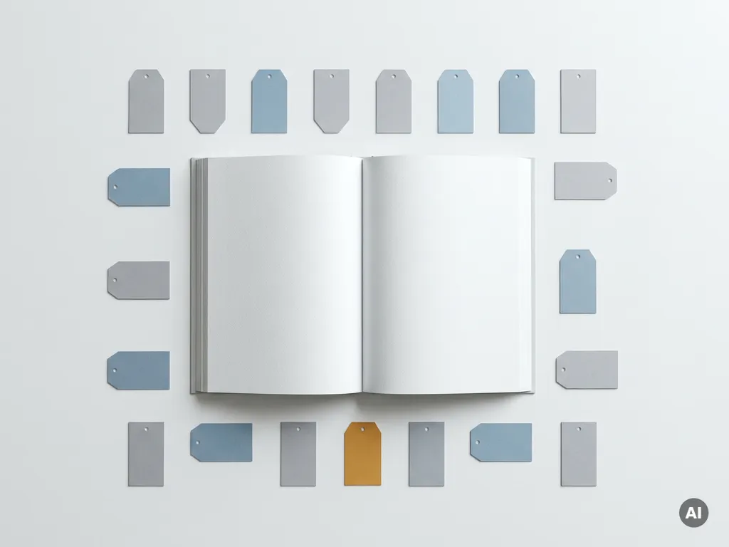 Aufgeschlagener Produktkatalog auf weißer Fläche, umgeben von geometrischen Klassifikations-Tags in Grau, Blau und Bernstein, Draufsicht.