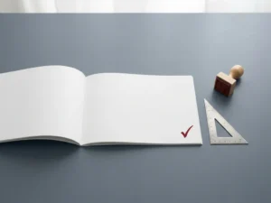 Aufgeschlagener weißer Produktkatalog auf minimalistischem Schreibtisch mit geometrischem Lineal und rotem Stempel, Draufsicht.
