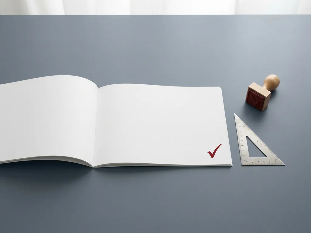 Aufgeschlagener weißer Produktkatalog auf minimalistischem Schreibtisch mit geometrischem Lineal und rotem Stempel, Draufsicht.