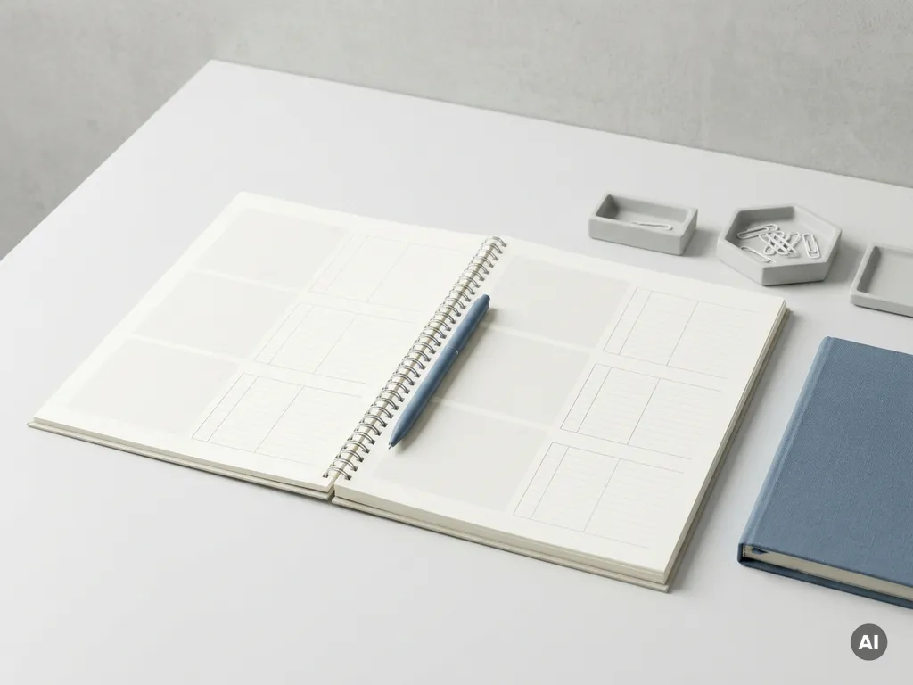 Aufgeschlagener Produktkatalog mit leeren Seiten und einem Stift auf minimalistischem Schreibtisch, Draufsicht in Weiß und Stahlblau.