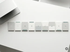 Minimalistisches Projekt-Timeline-Layout mit geometrischen Karten auf weißem Schreibtisch, Laptop am Rand, Draufsicht in Grau und Mintgrün.
