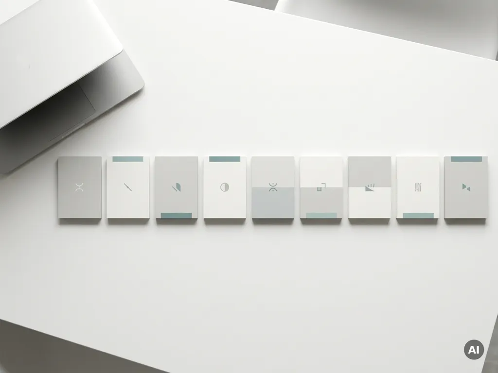 Minimalistisches Projekt-Timeline-Layout mit geometrischen Karten auf weißem Schreibtisch, Laptop am Rand, Draufsicht in Grau und Mintgrün.