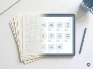 Strukturierte Datenblätter gehen in ein digitales Katalog-Layout über, minimalistisch auf weißem Schreibtisch, Draufsicht.