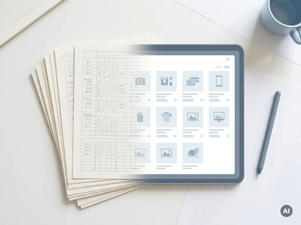 Strukturierte Datenblätter gehen in ein digitales Katalog-Layout über, minimalistisch auf weißem Schreibtisch, Draufsicht.