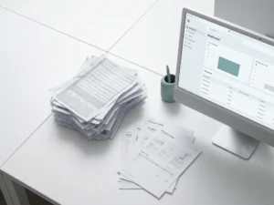 Zerknitterter Tabellenausdruck und verstreute Produktdatenblätter neben einem modernen Software-Dashboard auf schlankem Monitor.