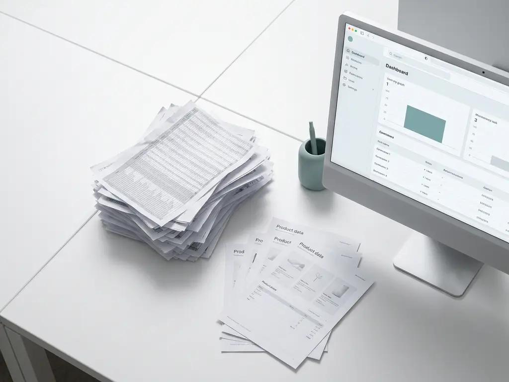 Zerknitterter Tabellenausdruck und verstreute Produktdatenblätter neben einem modernen Software-Dashboard auf schlankem Monitor.