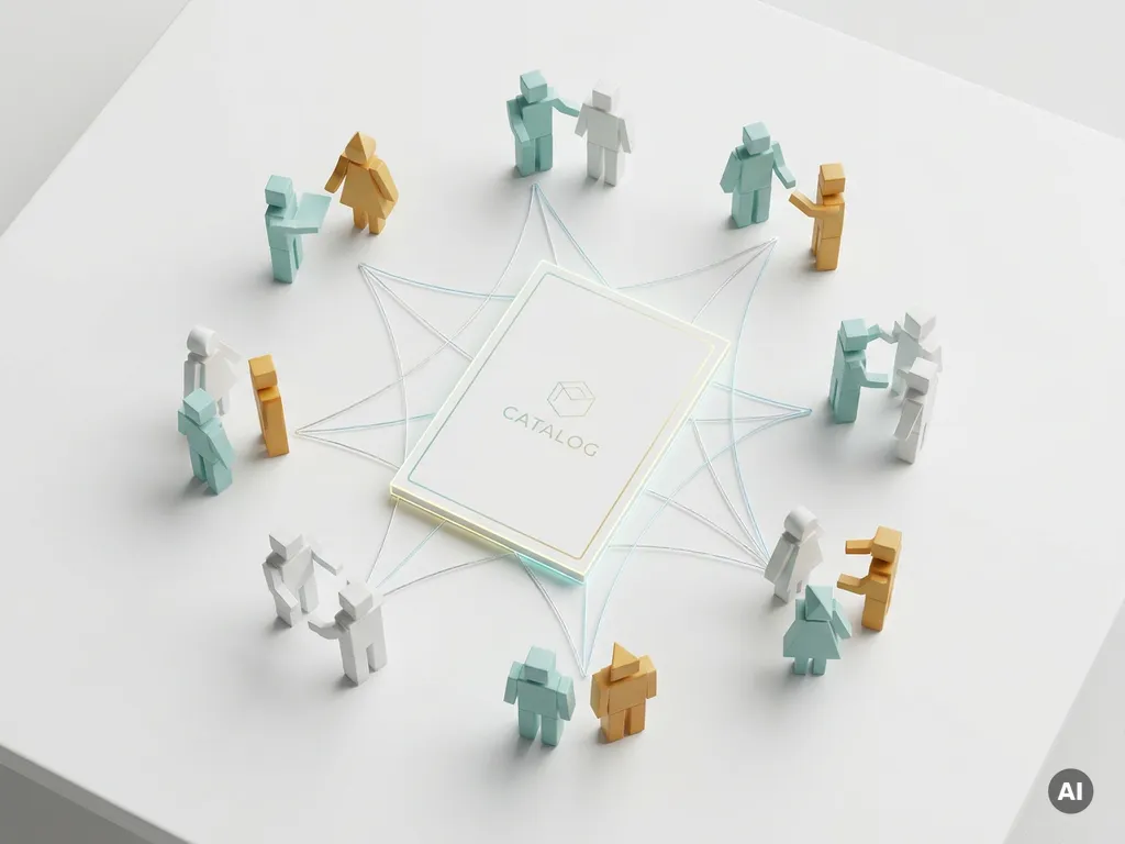 Diverse geometrische Silhouetten um ein leuchtendes Katalogdokument, verbunden durch Linien als Symbol für Teamkollaboration, in Teal und Amber.