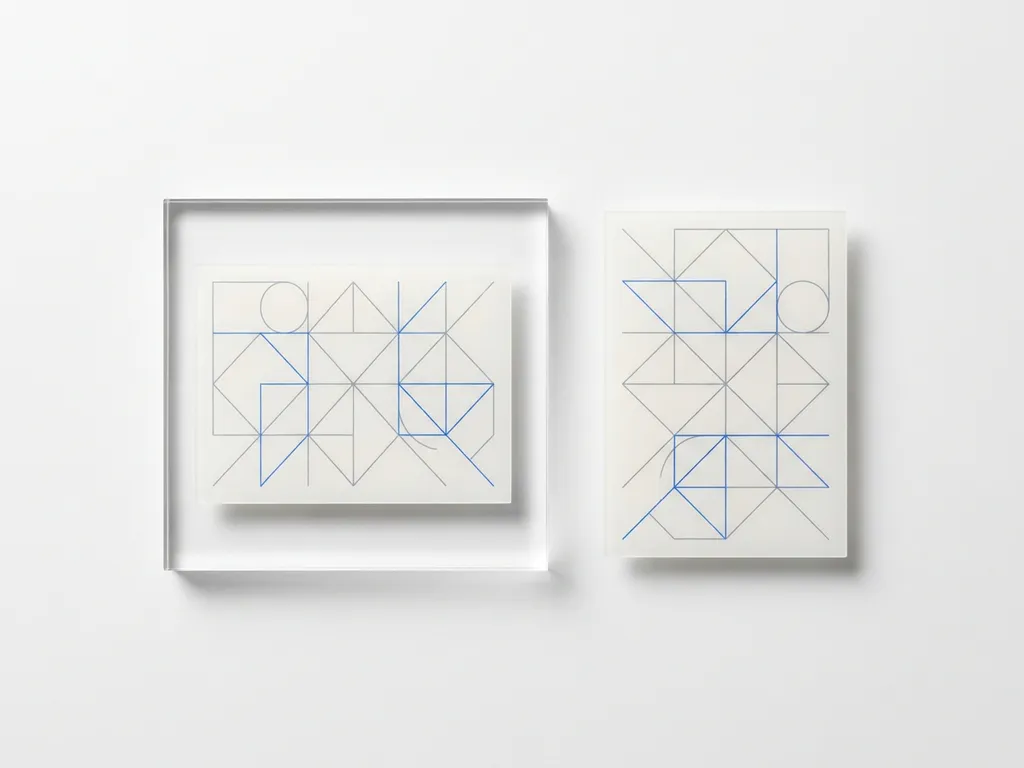 Zwei identische geometrische Datenkarten nebeneinander, eine leicht erhöht, in Blau- und Grautönen auf weißem Untergrund.