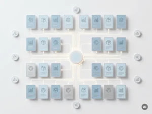 Produktdatenkarten in einem Raster, verbunden durch geometrische Linien mit einem zentralen Knotenpunkt, minimalistisches Design in Blau, Weiß und Silber.