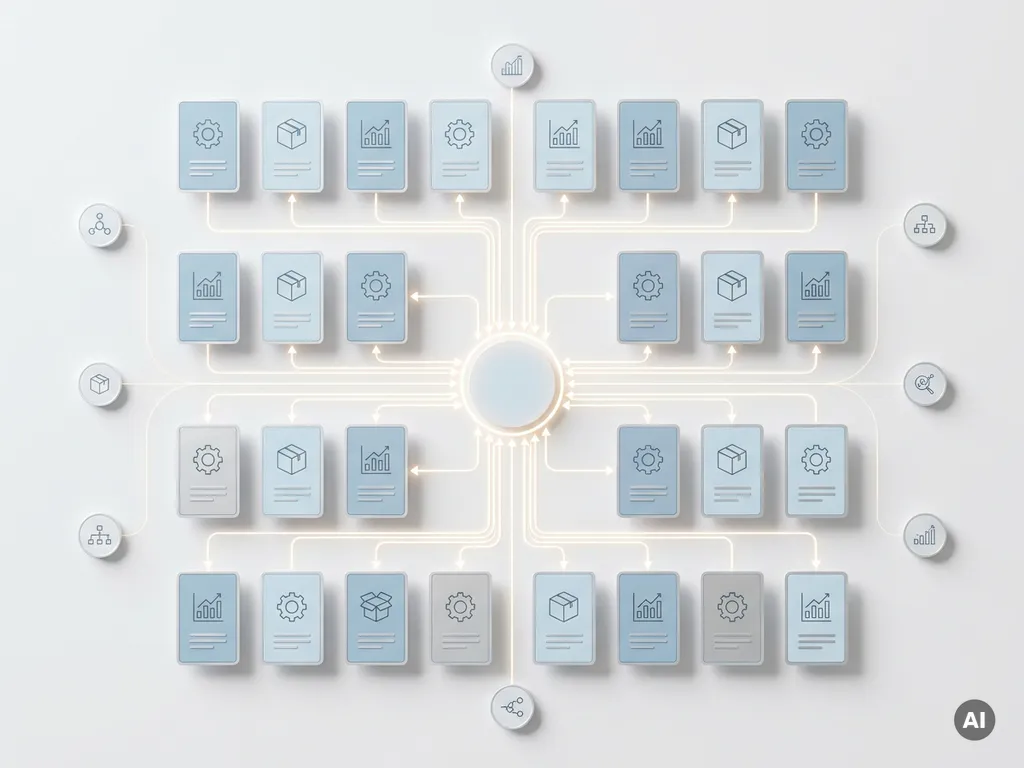 Produktdatenkarten in einem Raster, verbunden durch geometrische Linien mit einem zentralen Knotenpunkt, minimalistisches Design in Blau, Weiß und Silber.